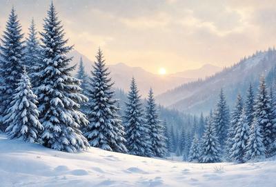 The primary subject of the image is a snowy landscape with a beautiful sunset in the background. The setting is a snow-covered forest with pine trees, and the visual style is a digital art or illustration. The colors and mood of the image are predominantly white and serene, creating a peaceful and tranquil atmosphere.